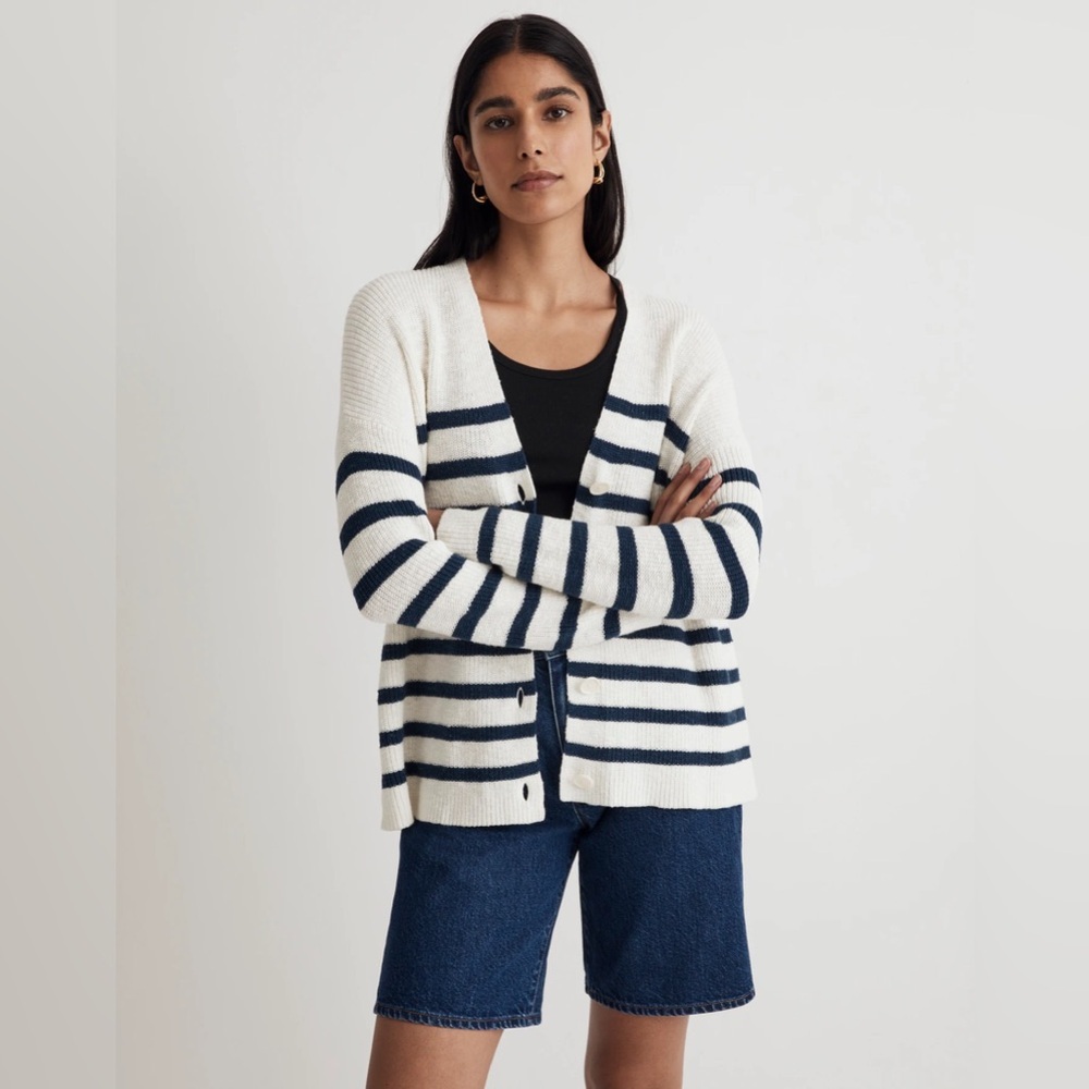 Madewell Cream and Navy Striped Button-Front Cardigan